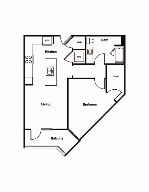 Floor plan for 1 bed, 1 bath, 888 sqft